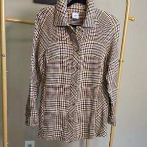 CAbi Multicolor Houndstooth Button-Front Shacket Jacket with Yellow Accents